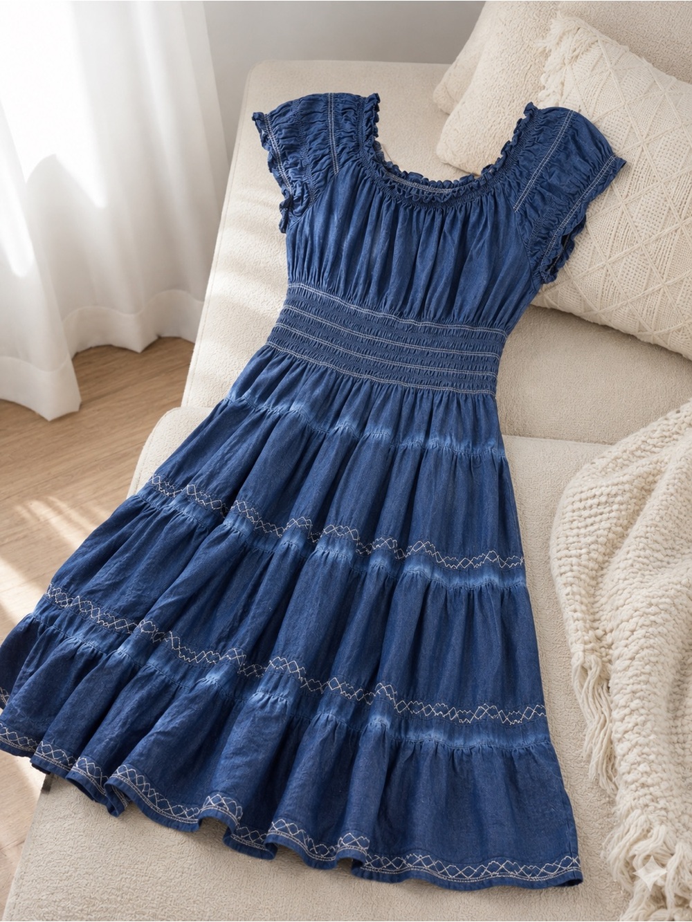Indigo & Lace Blue Cotton Tiered Maxi Dress Medium Smocked Boho Peasant